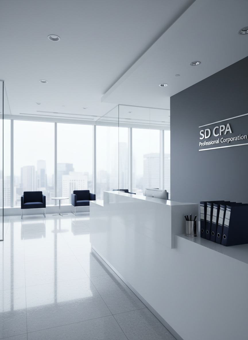 A sleek, modern CPA firm reception area with a minimalist white reception desk accented by a subtle silver logo plaque reading “SD CPA Professional Corporation” on a matte charcoal wall. Organized stacks of neatly bound financial reports rest on the counter next to a brushed metal pen holder. Large floor-to-ceiling windows reveal a soft city skyline in bokeh, while diffused morning daylight fills the room, creating gentle reflections on the polished stone floor. Photographed at eye level with a wide-angle lens, the composition emphasizes clean lines, professionalism, and trust. The atmosphere is calm, orderly, and corporate, rendered in crisp photographic realism with cool neutrals and small touches of navy blue for a sophisticated, business-focused aesthetic.