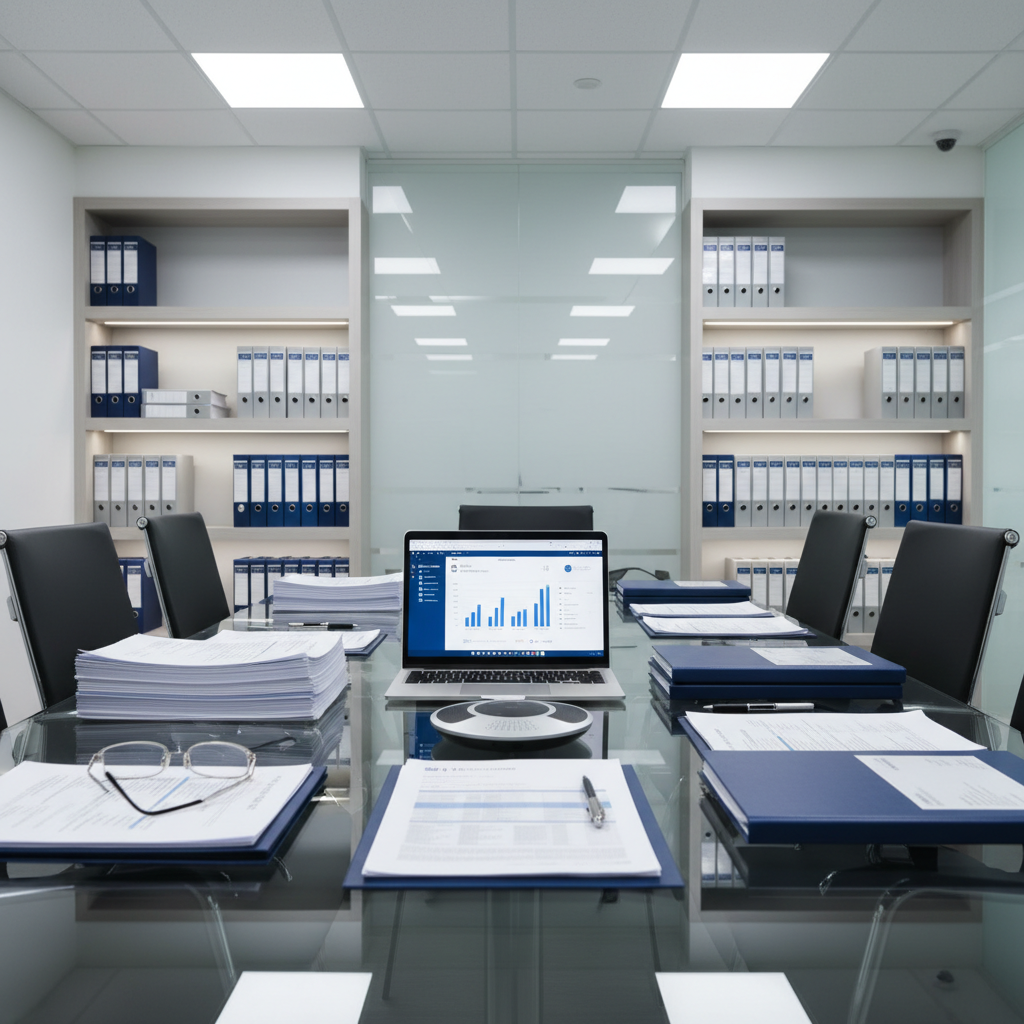 An immaculate glass-topped boardroom table in a professional CPA firm, covered with neatly arranged financial documents, printed audit reports, and open laptops displaying clean blue-and-white financial dashboards. A pair of ultra-thin metal-framed reading glasses rests atop a stack of tax files, while a brushed steel conference speakerphone sits centered. The background shows frosted glass walls with subtle geometric patterns and built-in shelving holding organized binders. Soft overhead LED panel lighting casts even illumination, reducing harsh shadows and creating a clinical clarity. Shot from a slightly elevated angle with moderate depth of field, the composition focuses on precision and organization. The atmosphere is serious, trustworthy, and efficient, with a photographic realism style and a cool, modern corporate color palette of whites, grays, and deep blues.