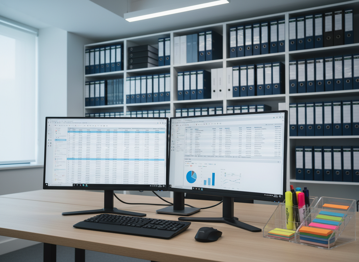 A dual-monitor workstation in a contemporary CPA office, with ultra-thin bezels displaying complex but neatly organized financial statements and audit analytics dashboards in cool blue and white tones. The matte black keyboard and wireless mouse sit on a light oak desk, alongside an organized tray of highlighters, sticky flags, and color-coded file tabs labeled “Assurance,” “Accounting,” “Tax,” and “Advisory.” In the background, a tidy shelving unit holds uniformly spaced binders and reference manuals. Cool, even light from an overhead LED panel combines with faint natural daylight from a side window, resulting in minimal shadows and crisp clarity. Shot from a three-quarter angle, the composition feels orderly and tech-forward, communicating accuracy, reliability, and a modern approach to professional services in realistic photographic style.