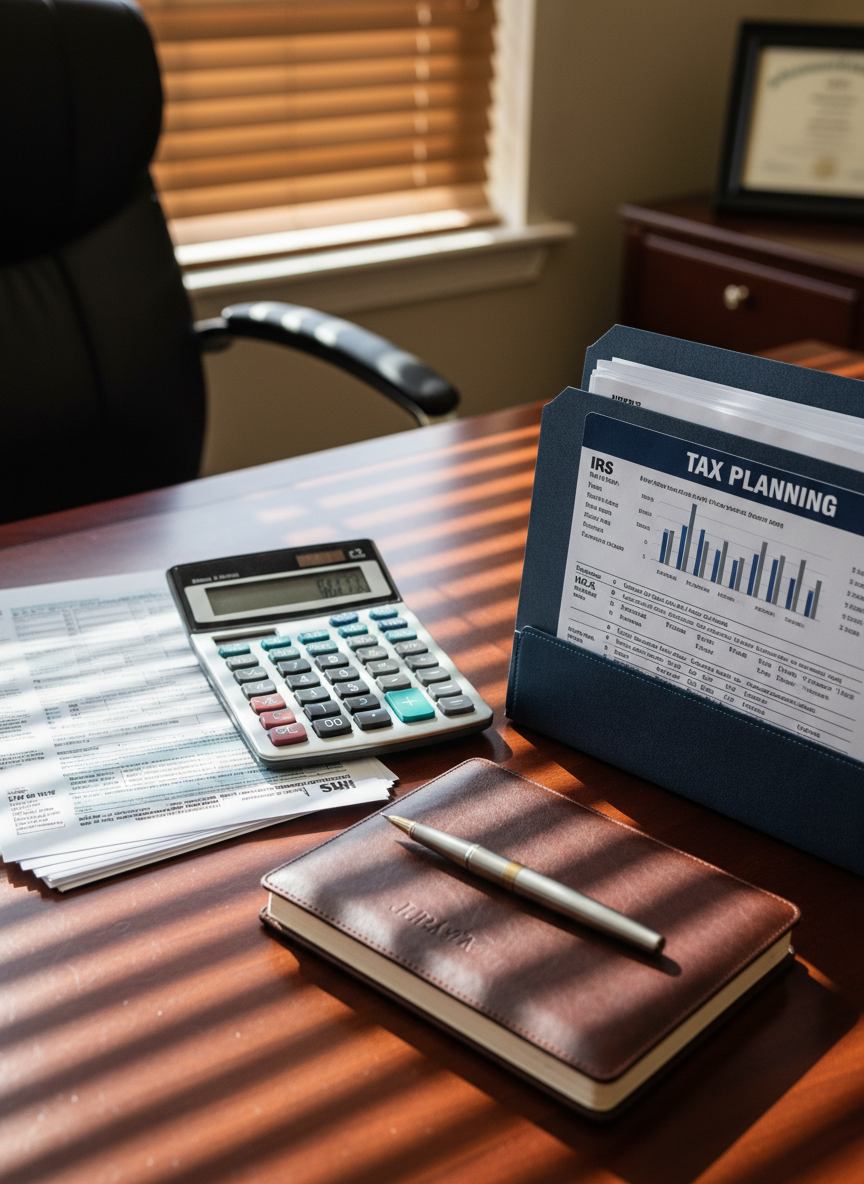 A close-up of a polished wooden desk in a CPA firm, featuring a high-end calculator with a large digital display, a neatly aligned stack of crisp white tax forms, and a slim stainless-steel pen resting diagonally across a leather-bound notebook embossed with subtle initials. To the side, a dark blue file folder labeled “Tax Planning” is partially open, revealing neatly clipped schedules and charts. Soft afternoon light filters through venetian blinds, creating linear shadows across the desk surface and adding depth and rhythm. Captured with a shallow depth of field, the foreground objects are in razor-sharp focus while the background fades into a gentle blur. The mood is meticulous and detail-driven, emphasizing professionalism and precision in a clean, photographic realism style.