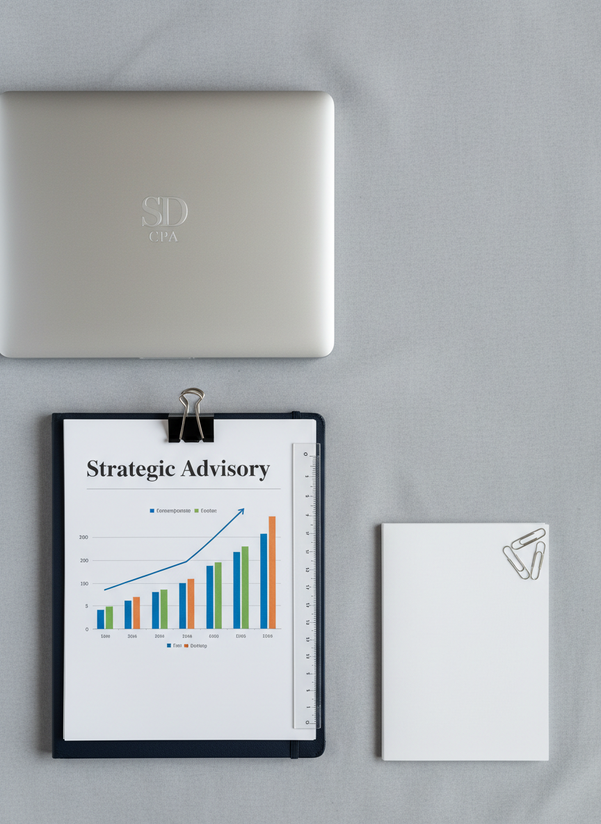 A carefully arranged flat lay on a soft gray background representing comprehensive CPA advisory services: a closed silver laptop with an embossed “SD CPA” monogram, a navy-blue hardcover planner opened to a page titled “Strategic Advisory,” a neatly clipped multi-colored bar chart, and a subtle, transparent acrylic ruler aligned perfectly with the page margin. A set of polished metal paper clips forms a precise triangle near the corner of a slim financial modeling booklet. Gentle, diffused studio lighting from above casts minimal shadows, producing an even, refined look. The composition uses the rule of thirds and clean negative space to emphasize clarity and structure. The mood is strategic, forward-thinking, and reassuring, rendered in high-end photographic realism with a distinctly modern, corporate aesthetic.
